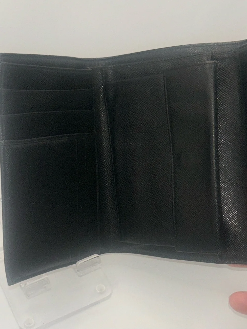 Prada Vintage Black Tessuto Nylon Saffiano Leather Trifold Wallet